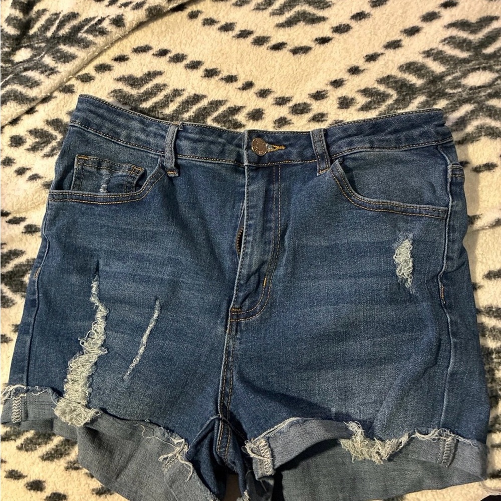 SHEIN Blue Denim Ripped Jean Shorts